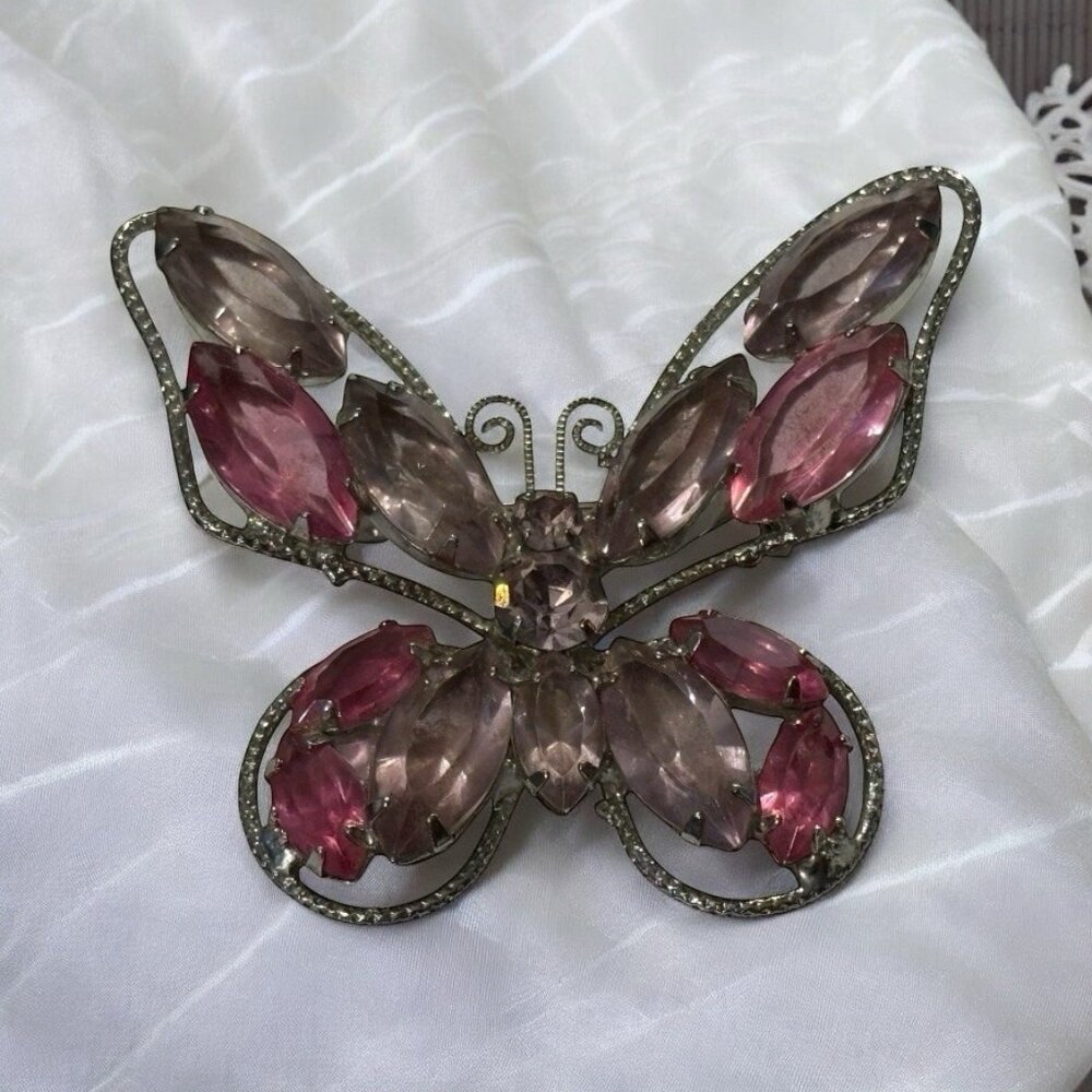 Vtg Juliana Butterfly Brooch Pin Pink Purple Marquise Rhinestone Delizza Elster